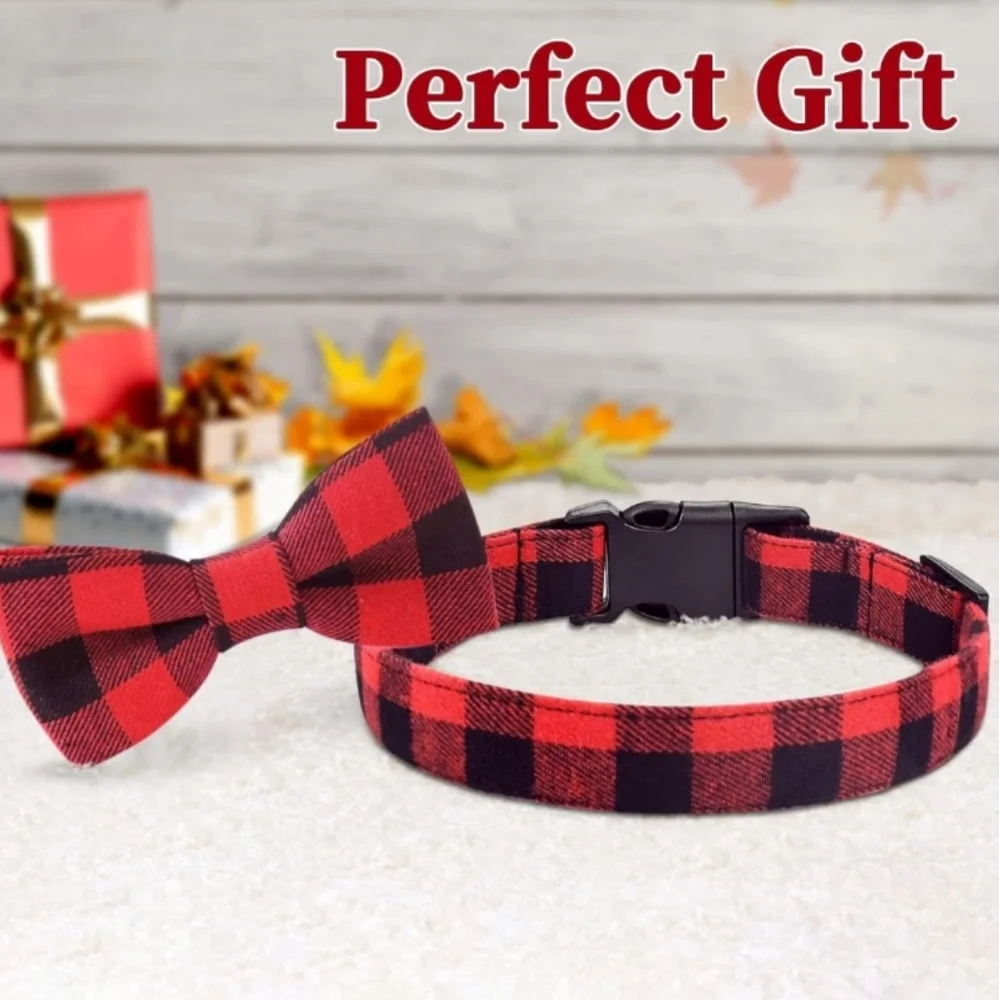 2 Pack Christmas Dog Collar w/ Bow Tie Classic Buffalo Plaid Pattern Size Large
